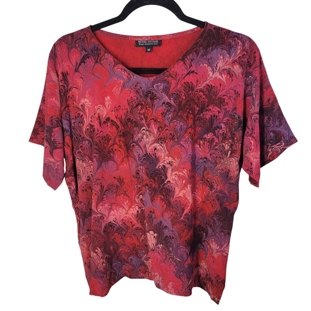 Michael Kensinger Womens Sz M Red Geometric Short Sleeve Marbled Silk Tunic Blo